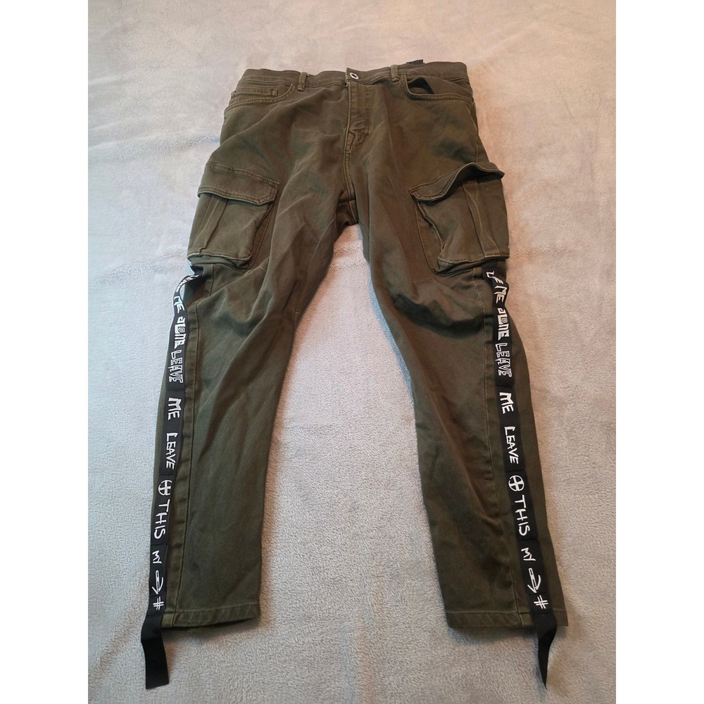 Zara Cargo Pants Mens 34 Olive Green Graphic Side Tape Tapered Leg